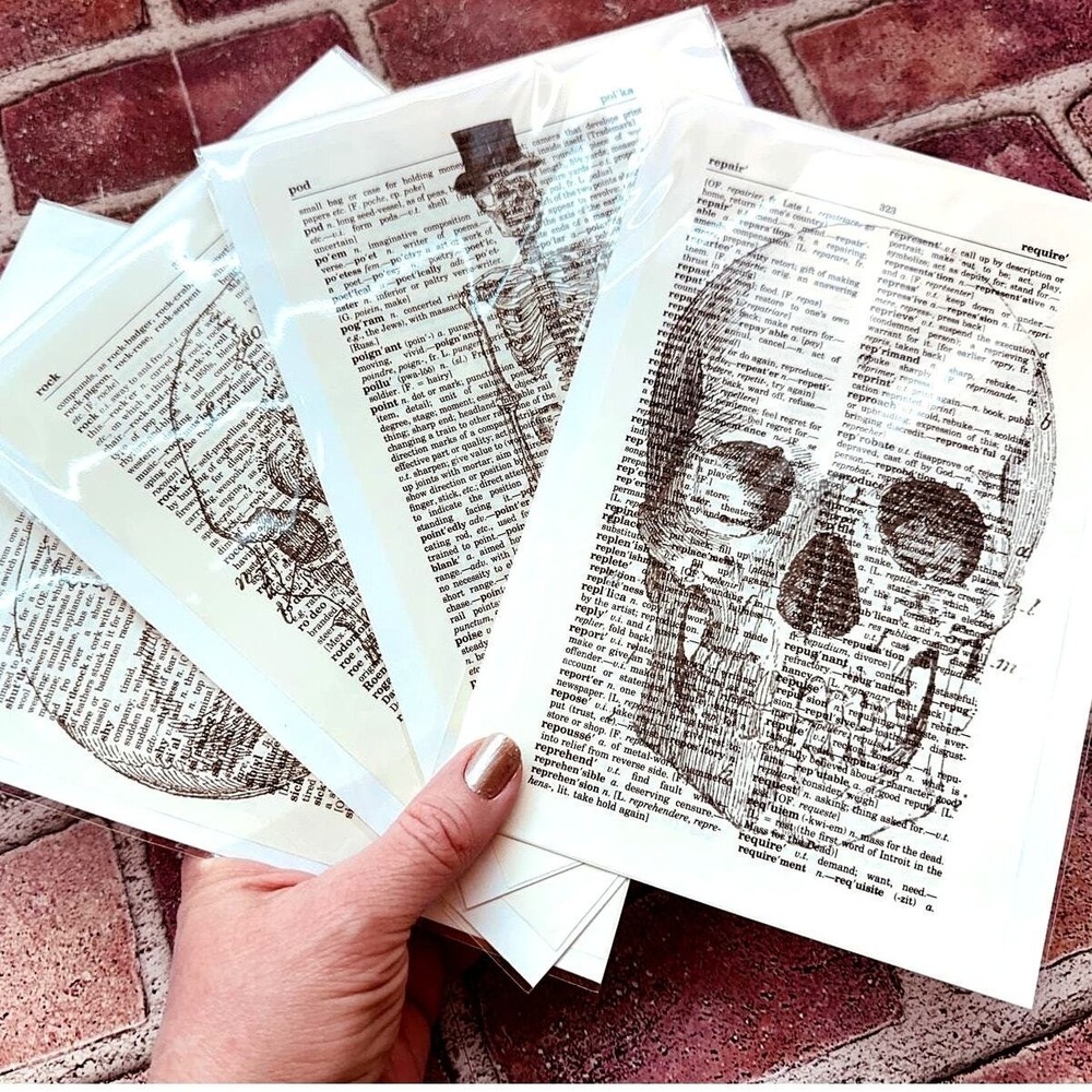 Skull Skeleton Halloween Upcycled Dictionary Art Prints Lot‎ 4 Mini Poster OOAK